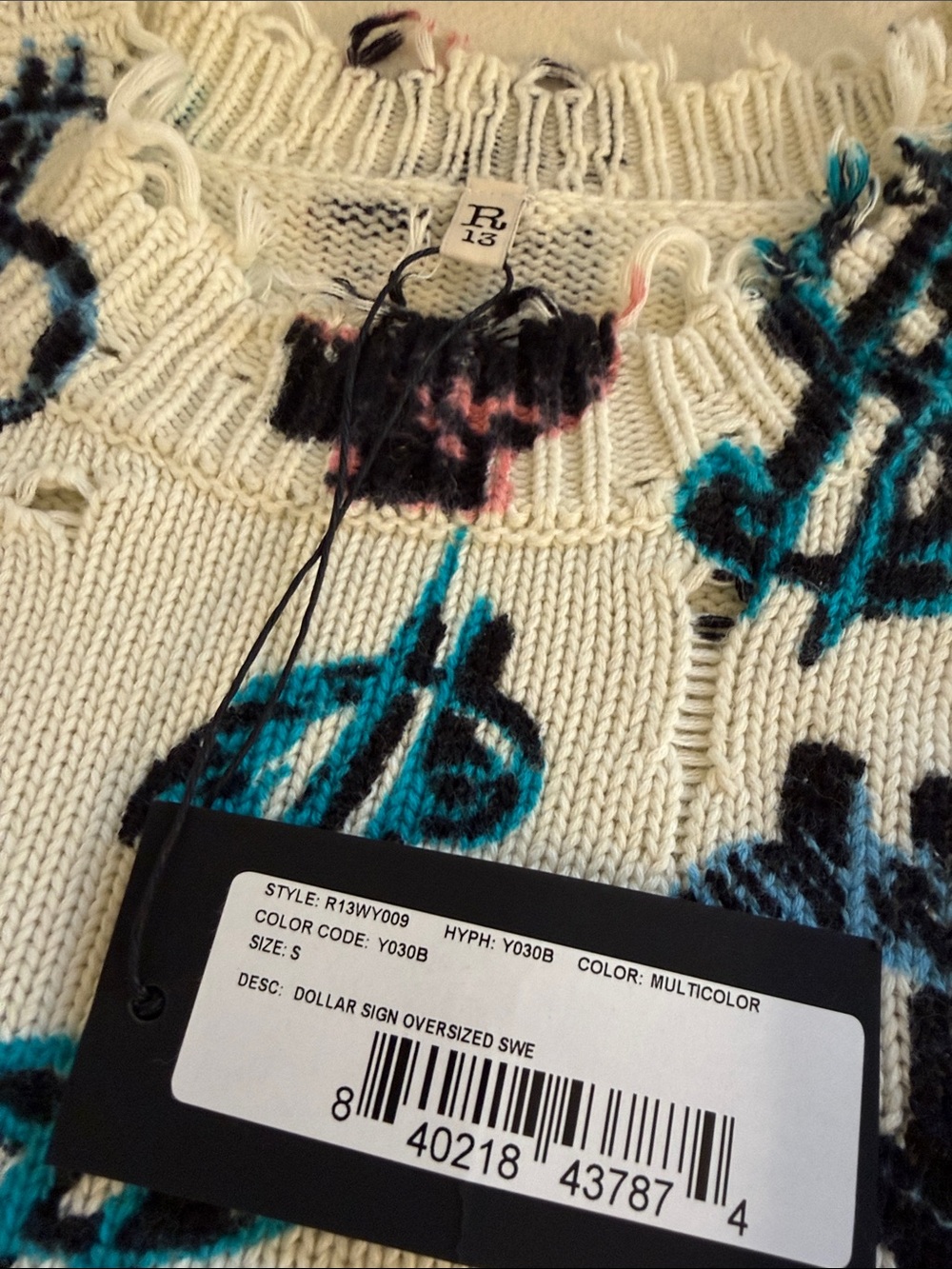 R13 White Crewneck Sweater with Multicolor Dollar Sign Motif - Picture 2 of 4